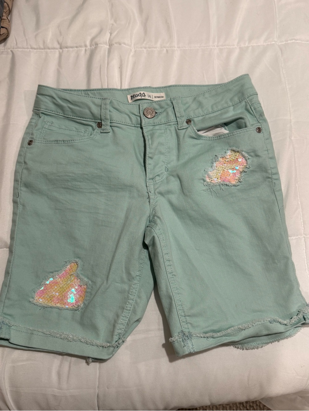 Mudd Mint Sequin Patch Denim Shorts